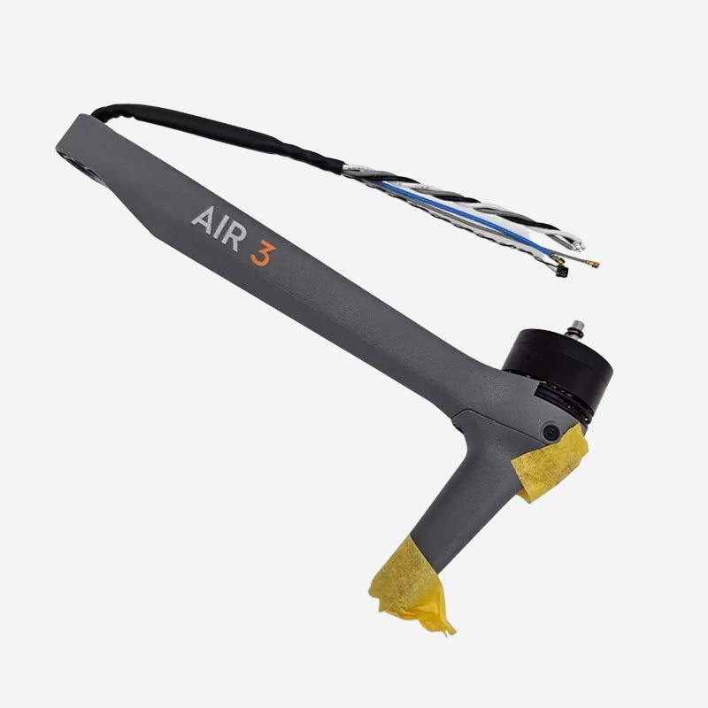 Close-up view of the DJI Air 3 Front Left Arm Module showing the motor, arm structure, and pre-installed wiring for drone repair.